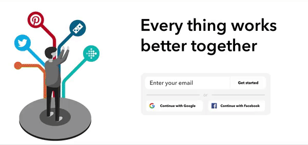 IFTTT homepage with animating illustration showing people connecting apps for a connected home or for safer data
