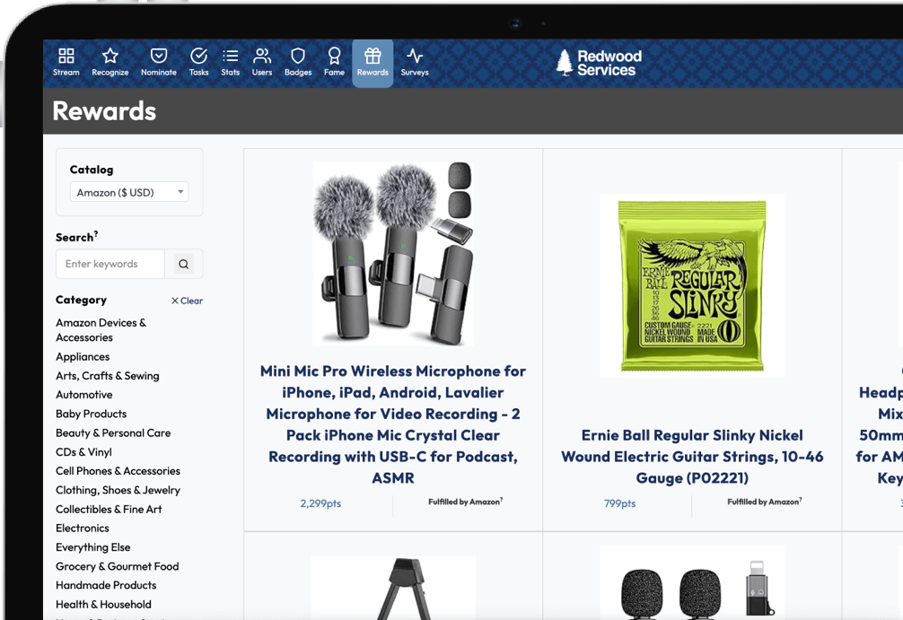 Recognize rewards includes Amazon, concerts, gift cards
