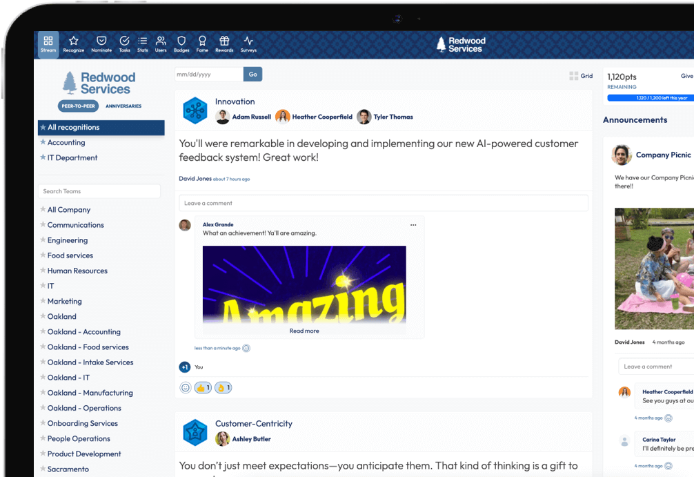 Employee recognition and rewards platform Recognize feed of all recognitions