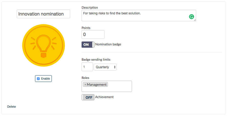 Create a badge to send as an employee nomination by clicking on in the settings.