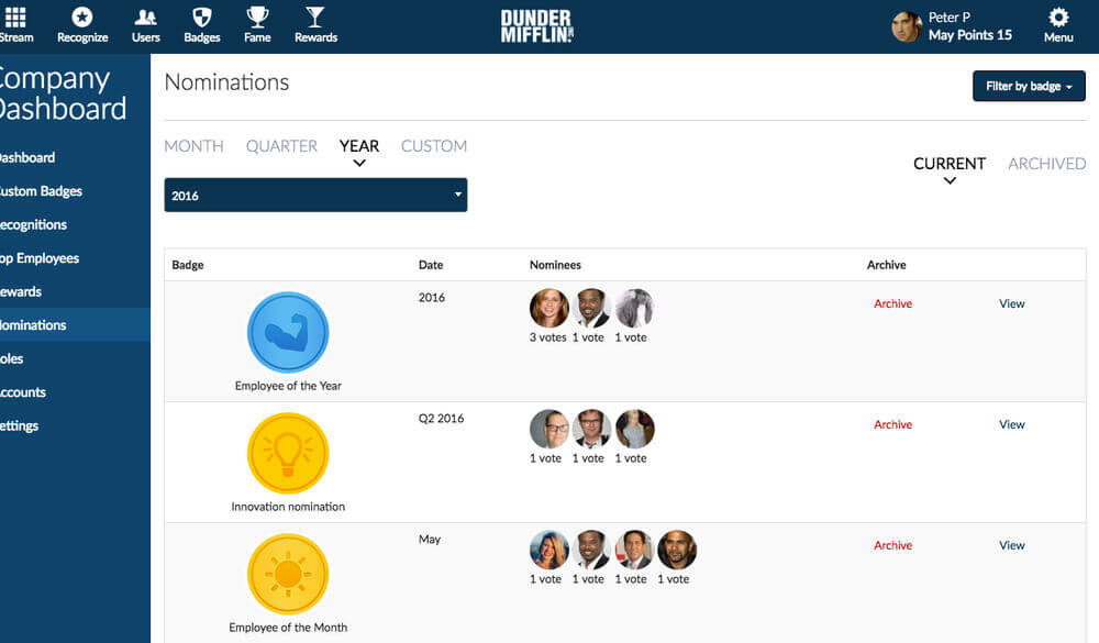 The employee nomination admin dashboard allows admins to see who has been nominated in a given time period and why they were nominated.