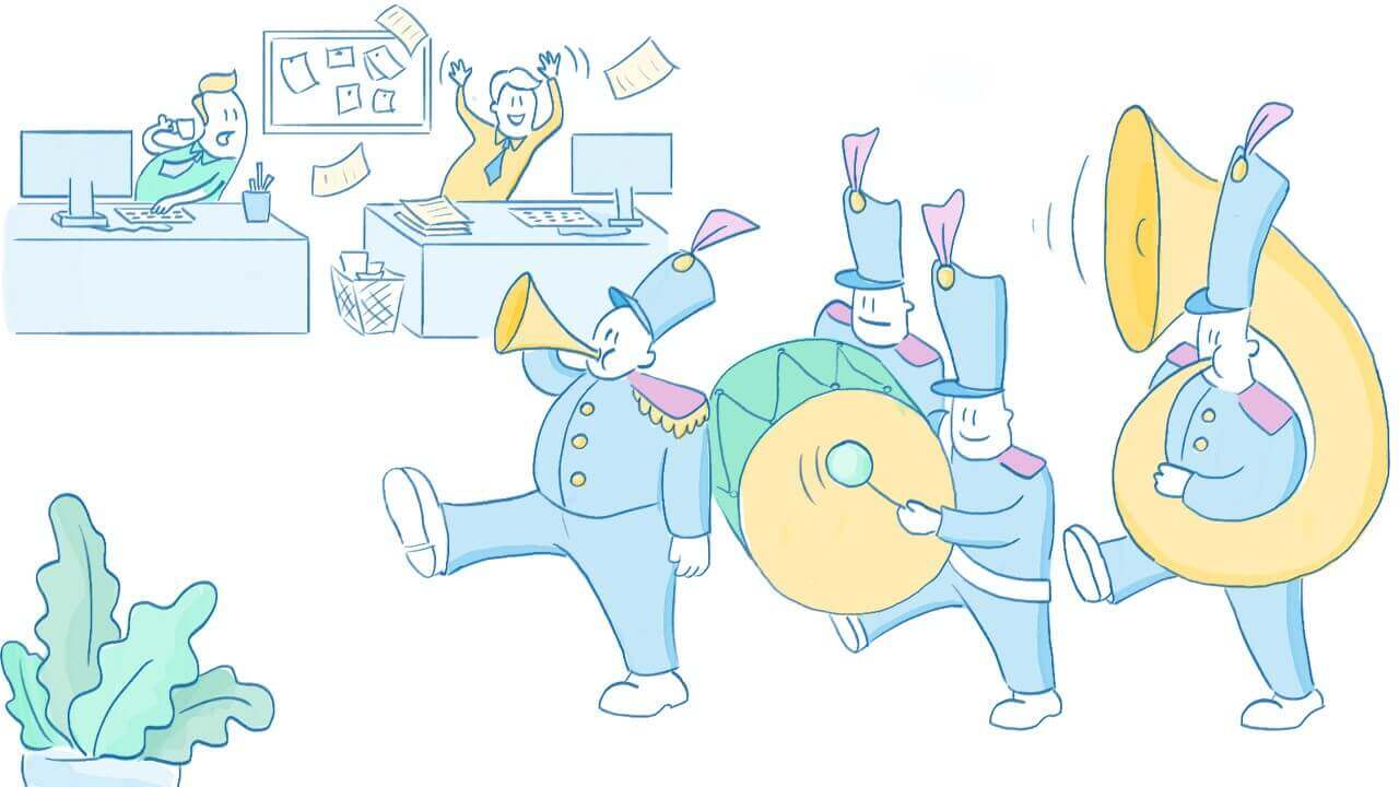 A marching band going through an office.