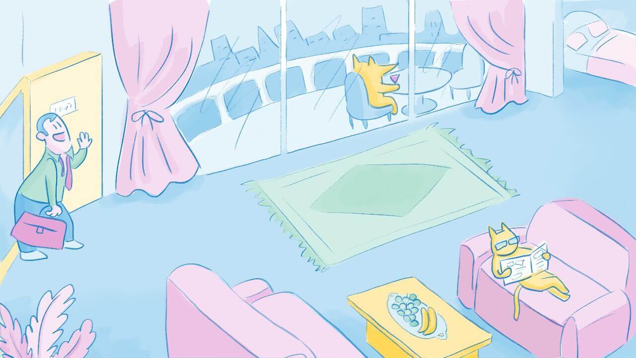 A man entering a penthouse hotel room after a long day at work