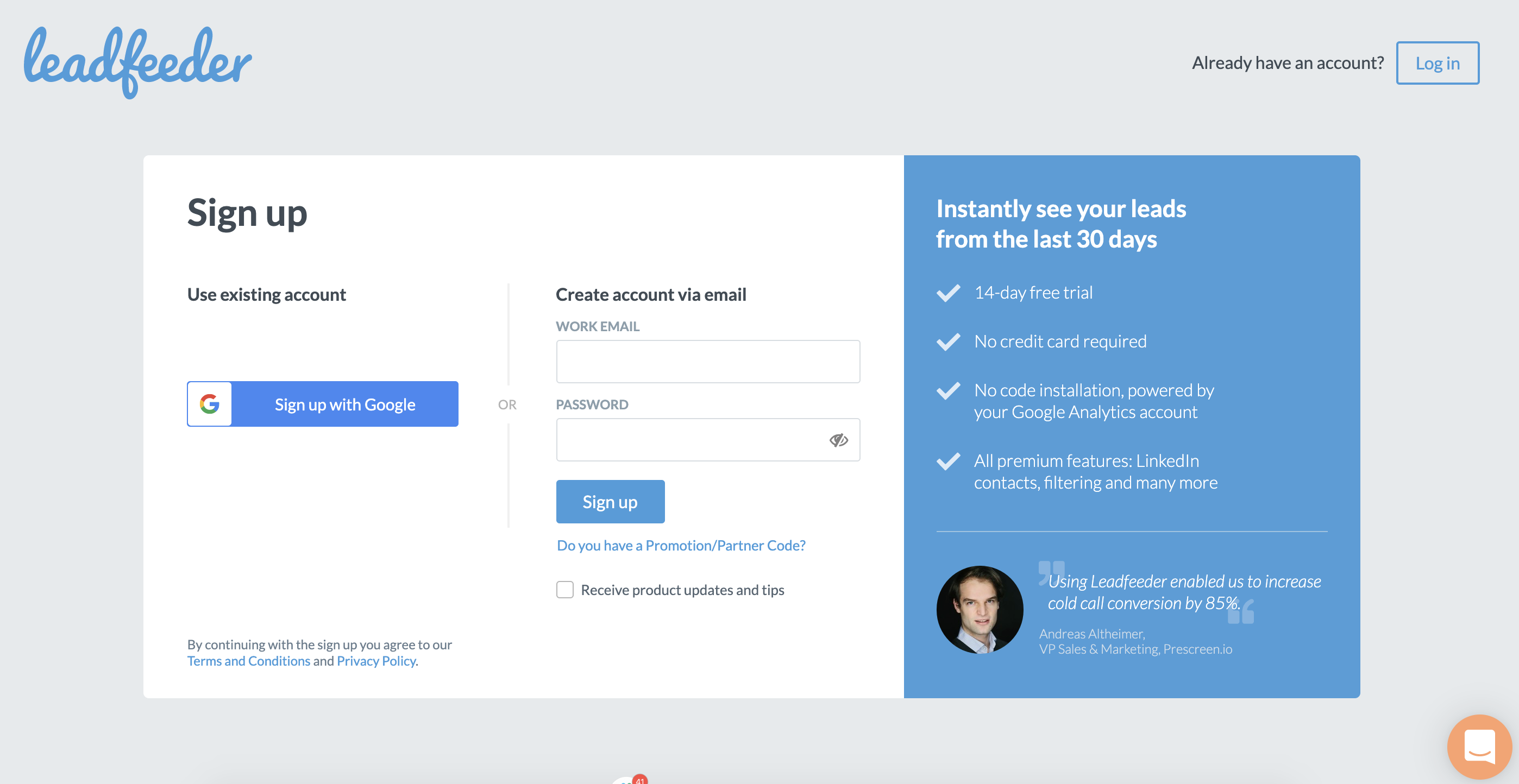 Leadfeeder sign up page