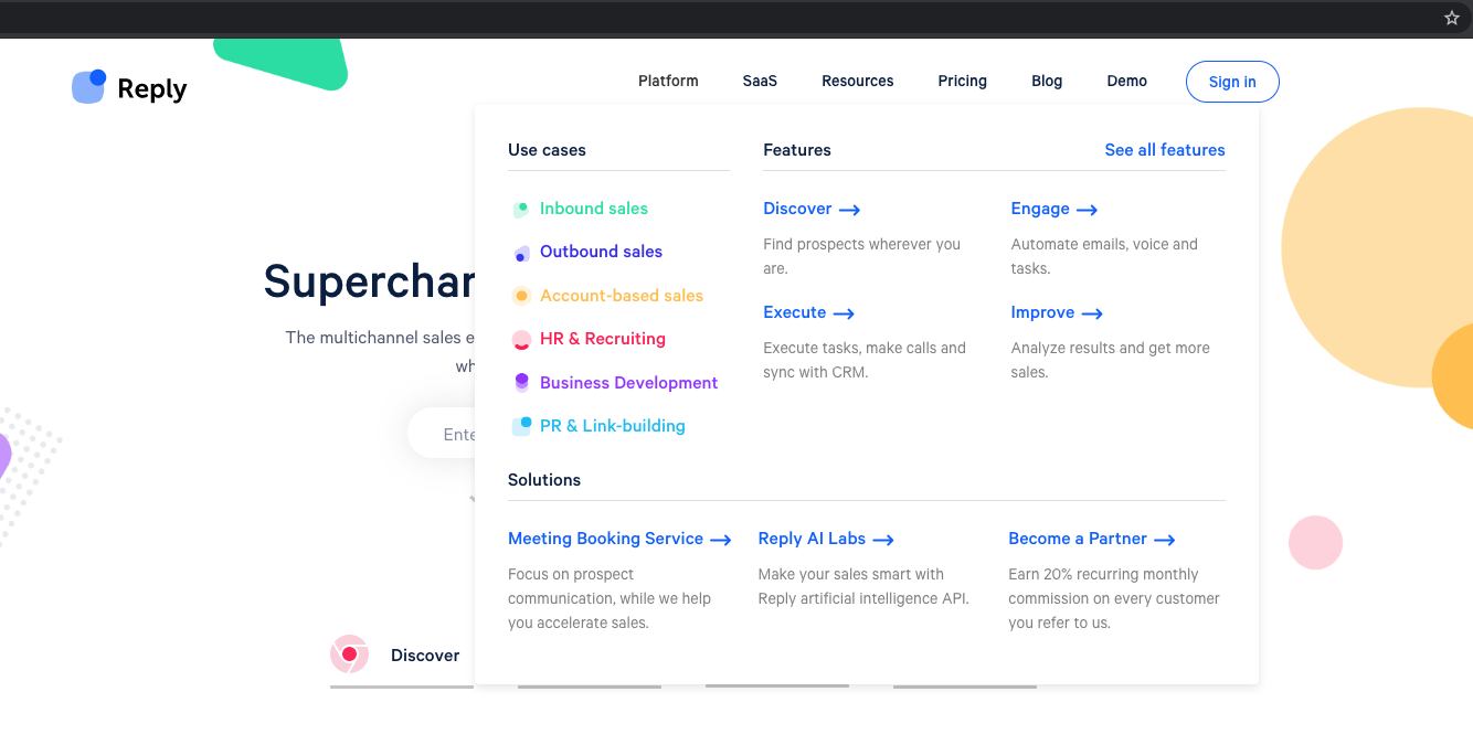 A website showing a menu of options