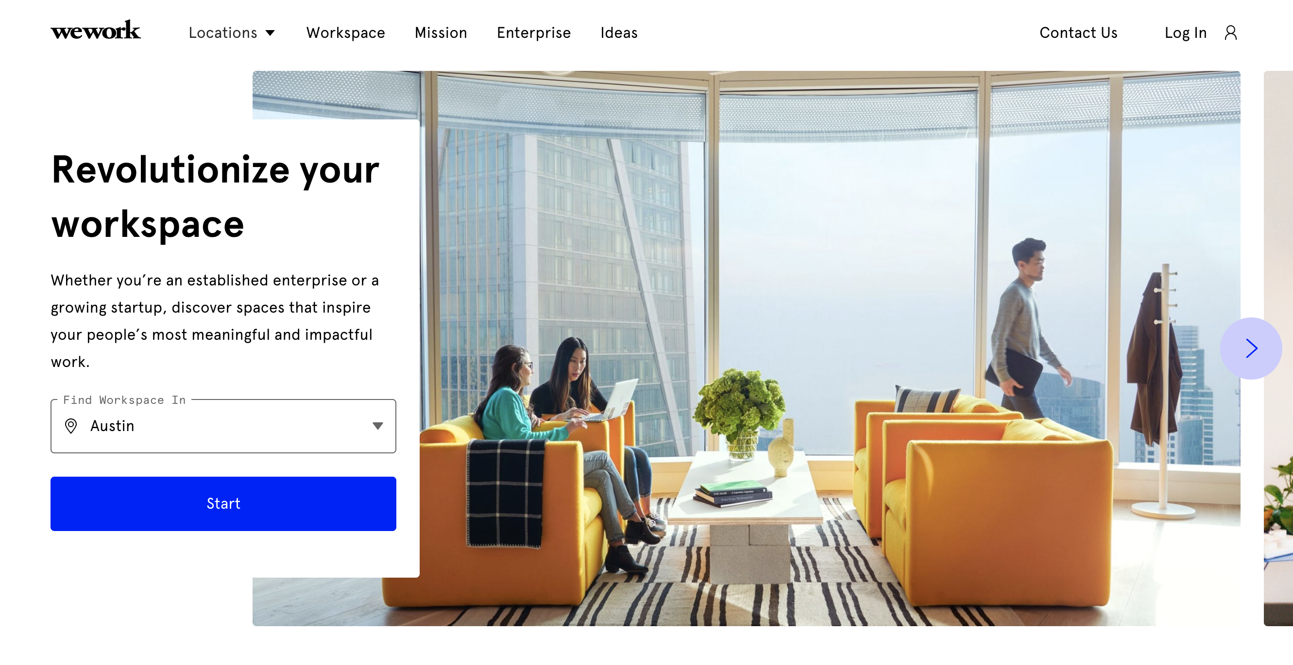 WeWork homepage a search form by location a photo of an office