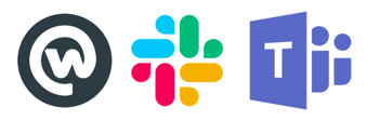 Logos of Microsoft Teams, Workplace by facebook and Slack