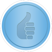 Blue circular badge with a thumbs-up icon
