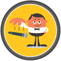 Yellow circular badge with a cartoon character holding a microphone beside a spotlight