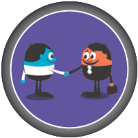 Purple circular badge with two cartoon characters reaching toward each other