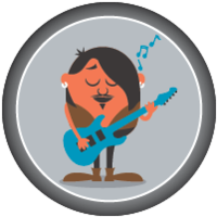 Gray circular badge with a cartoon character playing a blue electric guitar