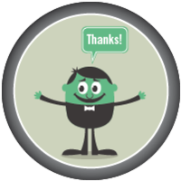 Light green circular badge with a smiling character holding a thank you sign
