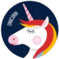 Dark blue circular badge with a white unicorn head