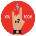 Red circular badge with a hand making the rock gesture