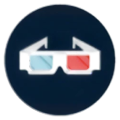 Dark blue circular reward icon with 3D glasses