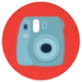 Red circular reward icon with a blue instant camera
