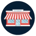 Dark blue circular reward icon with a red and white storefront