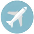 Light blue circular reward icon with a white airplane