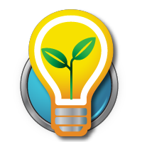 Blue circular badge with a yellow lightbulb containing a green sprout