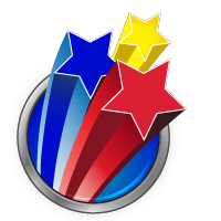 Blue circular badge with red and blue ribbons and yellow stars