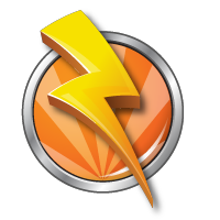 Orange circular badge with a yellow lightning bolt