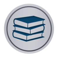 Gray circular badge with a dark blue stacked books icon