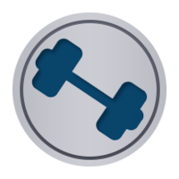 Gray circular badge with a dark blue dumbbell icon