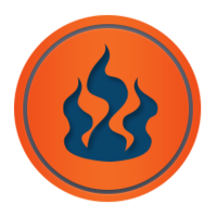 Orange circular badge with a dark blue flame icon