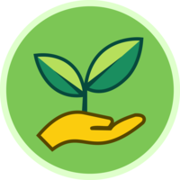 Yellow hand supporting a green sprout inside a green circular badge