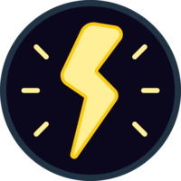 Yellow lightning bolt with radiating lines inside a dark circular badge