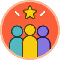 Three colorful people beneath a star inside a coral circular badge