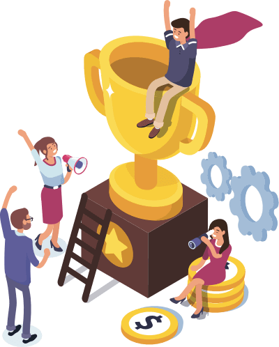 An illustration of employee recognition with symbols of people sitting on trophies flying.