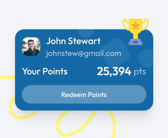 Product screenshot of an employee points progress tracker showing a mountain journey with milestone rewards, a user at 25,394 points, and a Redeem Points button