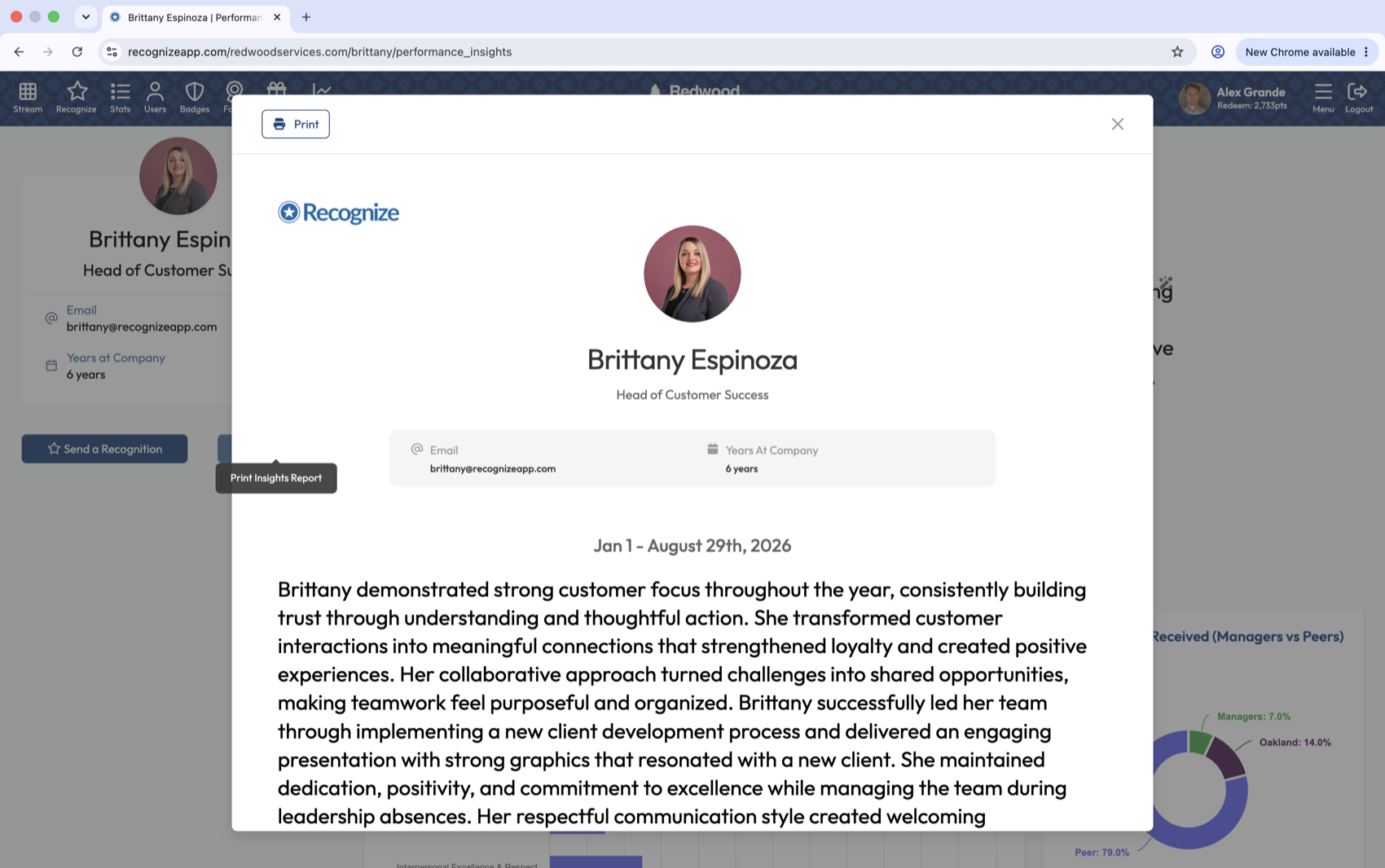Printable AI performance insights report with Recognize branding