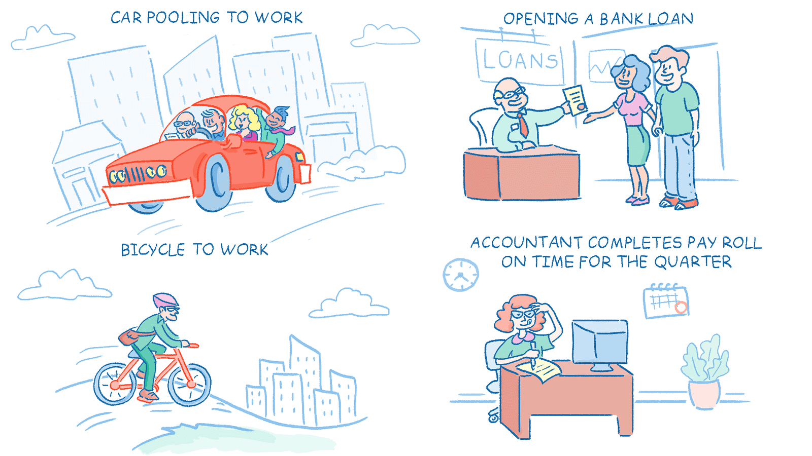 Illustration of people biking to work or carpooling