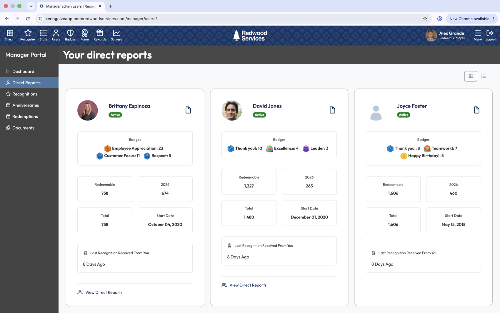 The Recognize manager portal showing direct reports with badges, points, and start dates