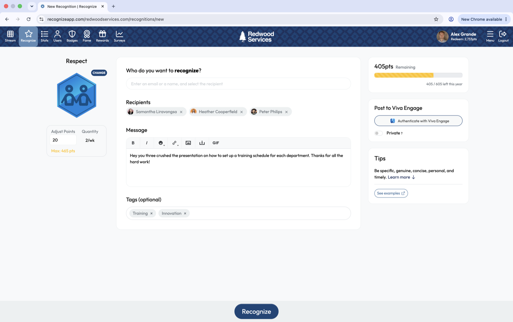 The Recognize new recognition form with a recipient, badge, message, and Viva Engage sharing