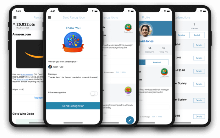 Screenshots of rewards, sending recognition, redemptions, stream page, and profile page.