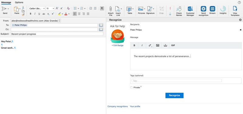 The Outlook composer sending a recognition to the email recipients.