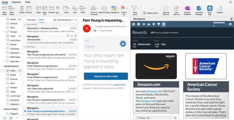 Microsoft Outlook showing a window of employee rewards to redeem, such as Amazon gift card or donation to American Cancer Society.