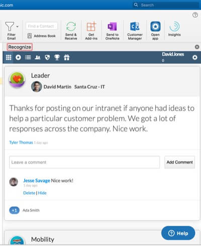 The Outlook composer sending a recognition to the email recipients.