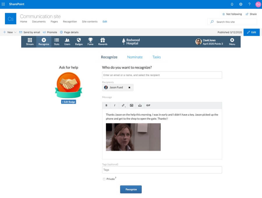 Screenshot of sending a recognition inside of Sharepoint.