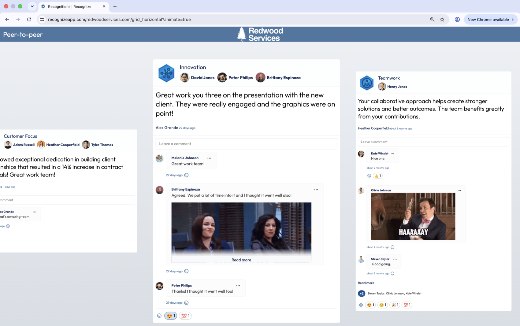 Recognize TV kiosk horizontal mode scrolling employee recognition cards across a screen
