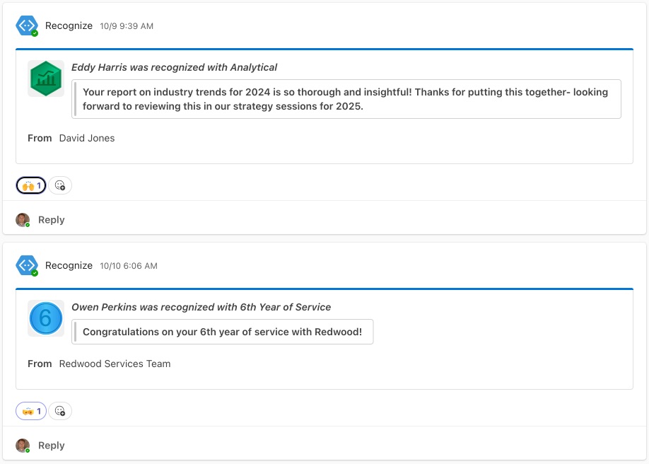 Screenshot of Microsoft Teams Employee Recognition posts