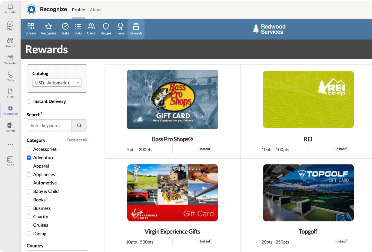 Screenshot of Recognize Rewards, such as gift cards and Amazon Business, inside Microsoft Teams